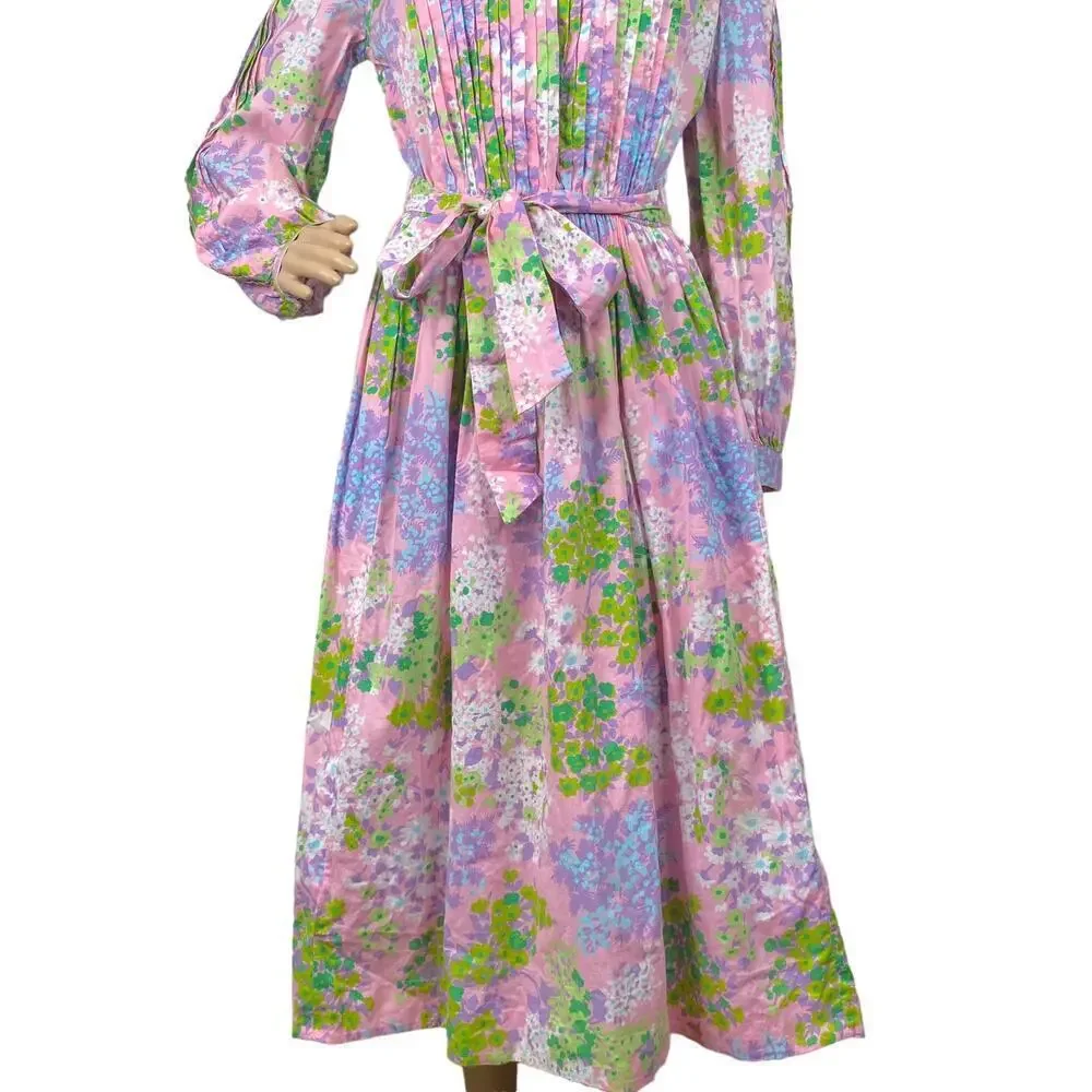 Vintage 1960s Star of Siam Jeanoel Haxo Cotton Midi Dress Prairie Pockets Sz 10